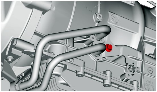 Close-up view of the gearbox cooling pipes connected to the automatic gearbox, with red highlights indicating the connection points and clamp area.