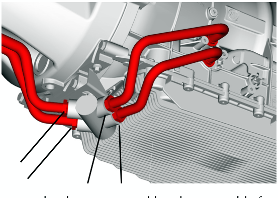 Diagram showing the gearbox cooling pipes highlighted in red, with callout lines pointing to the thermostat and bracket assembly location on the gearbox.