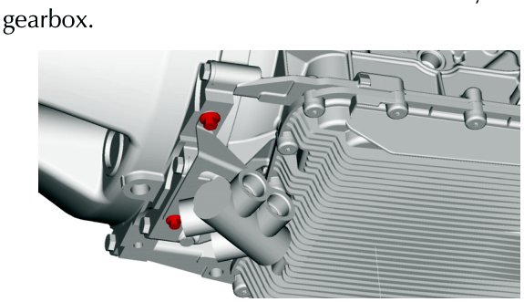 View of the gearbox with the thermostat and bracket assembly removed, showing the mounting flange and internal components with red highlights at the removal points.
