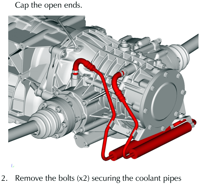 View of the automatic transaxle differential showing red coolant pipes and the oil cooler at the bottom right