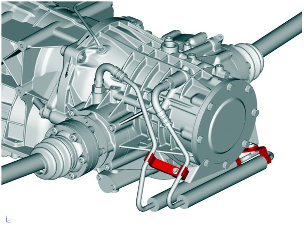 View of the automatic transaxle differential showing the empty space where the oil cooler was removed, with brackets visible