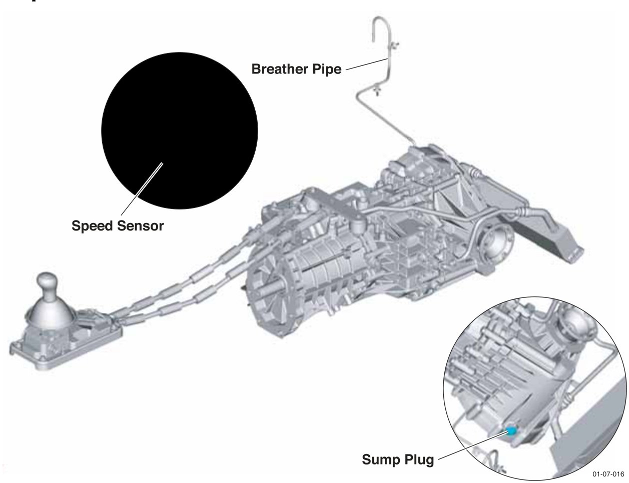Diagram of the manual transmission showing the breather pipe, speed sensor, and sump plug