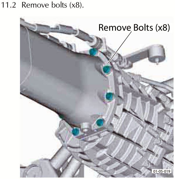 Diagram showing the torque tube connection with callout text Remove Bolts (x8)