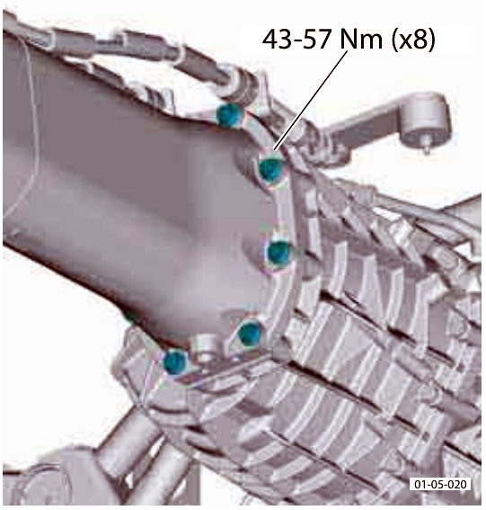 Diagram showing the torque tube connection with callout text 43-57 Nm (x8)
