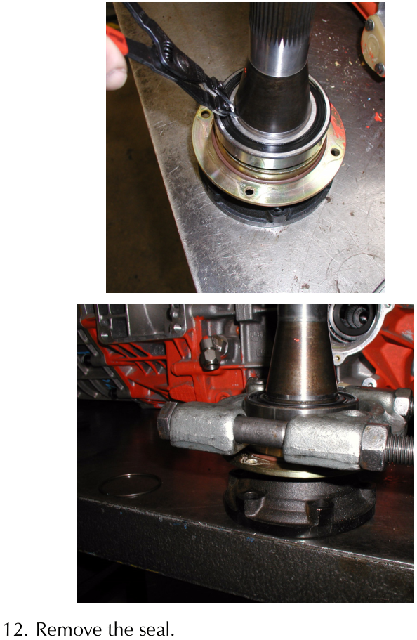 Pliers removing a circlip from an output shaft, followed by a view of the output shaft assembly on a workbench.