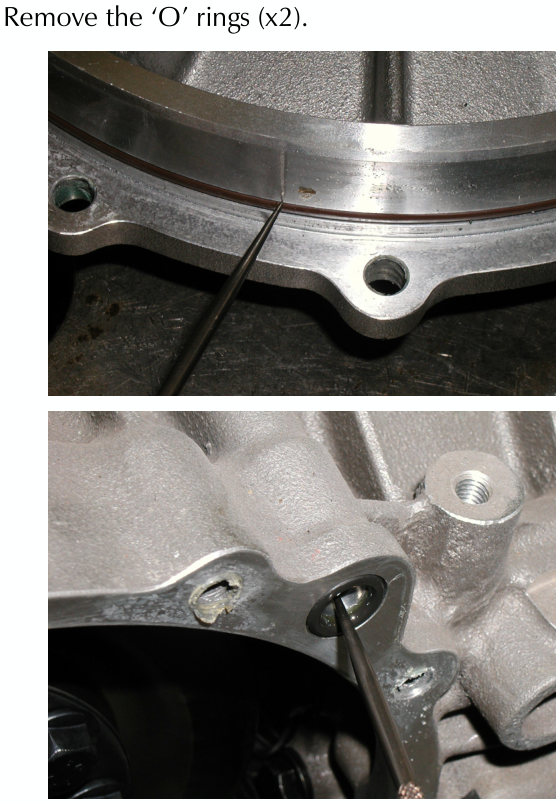 Two close-up photos showing a thin metal pick tool removing O-rings from the machined grooves of a silver differential housing.