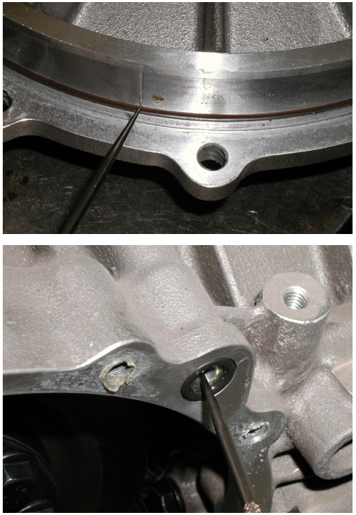 Close-up view of a metal differential housing cover with a seal and circlip installed, and a close-up of a bolt hole in the casting