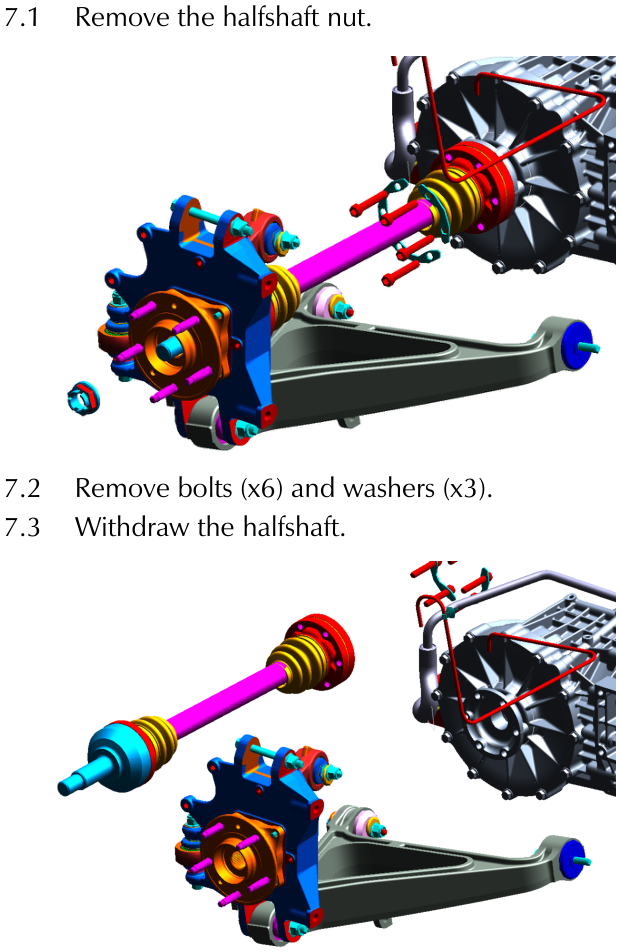 Exploded diagram showing the removal of the halfshaft nut, followed by the withdrawal of the halfshaft from the differential assembly