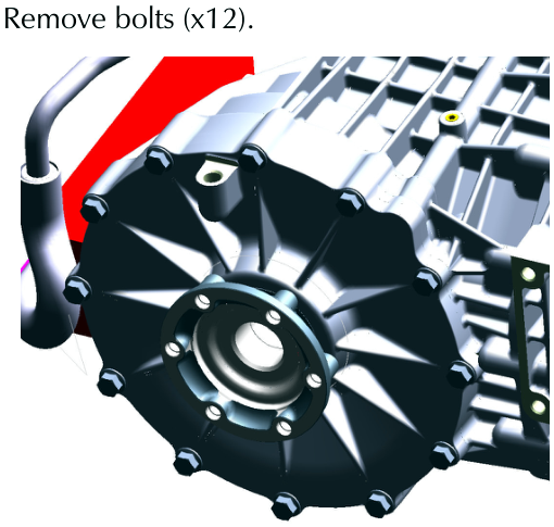 Differential housing with cover and bolts removed, showing internal components and output shaft flange