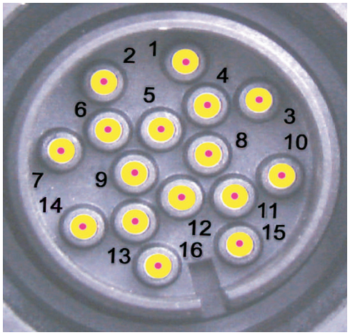 A photograph of a circular 16-pin transmission plug connector with numbered pin positions visible on the face of the connector housing.