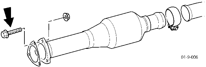Diagram showing a catalytic converter with a flange, bolts, and connecting pipes