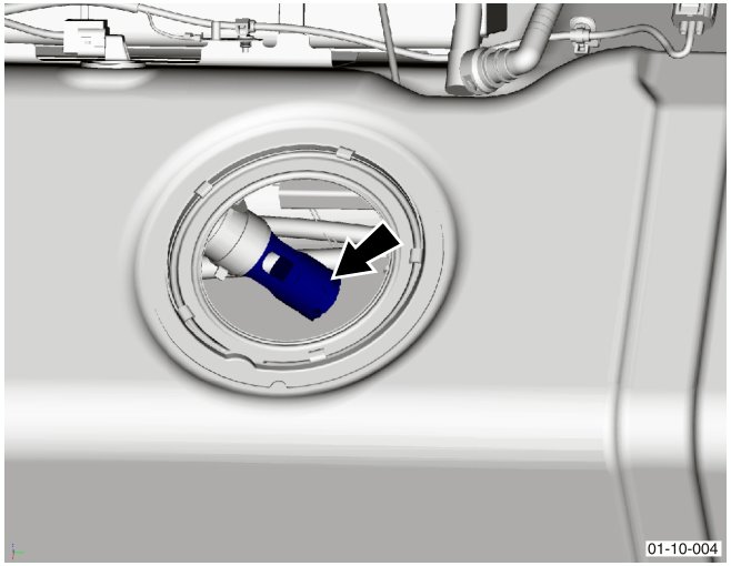 Cutaway view of the filler neck showing the internal check valve mechanism with an arrow indicating flow direction