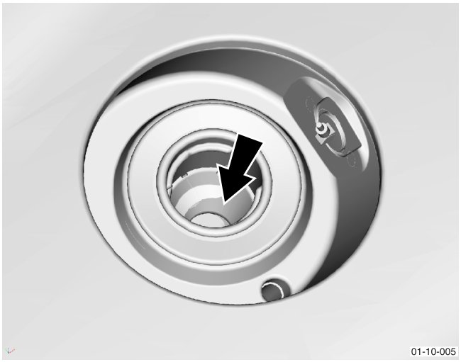 Close-up view of the filler neck opening with an arrow pointing to the internal vent structure