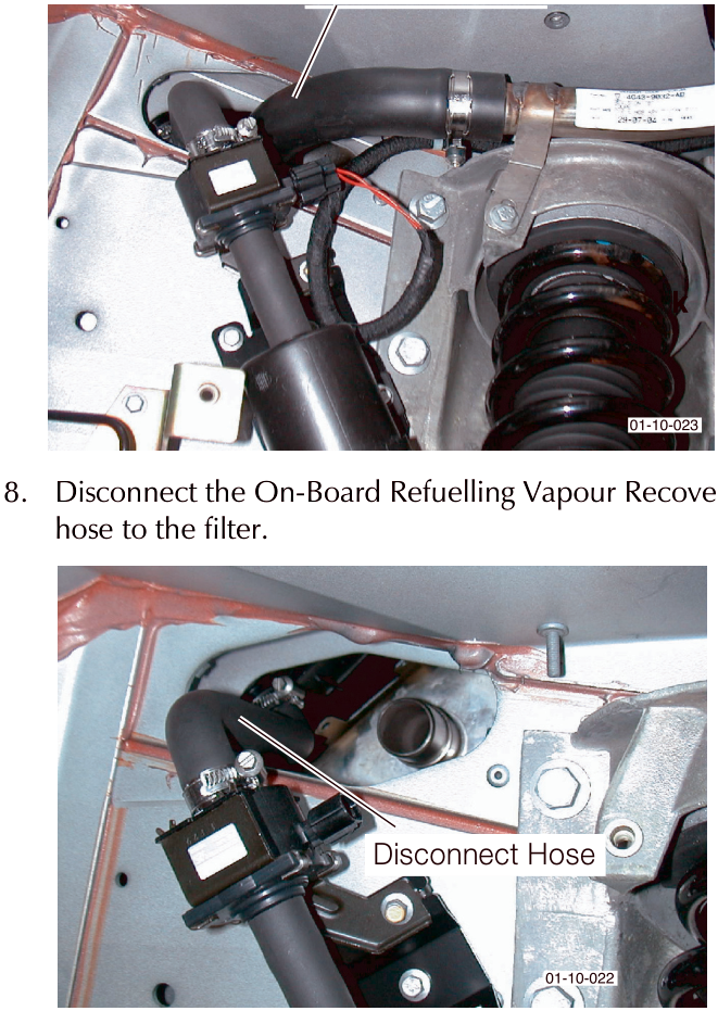 Close up view of a black rubber hose connected to a metal fitting, with a callout line pointing to it labeled 'Disconnect Hose'