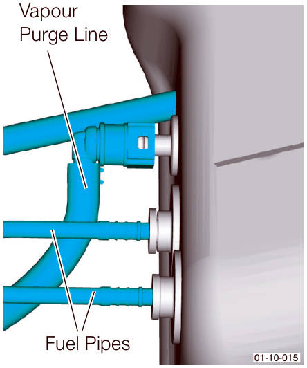 Diagram showing blue pipes entering the side of a grey fuel tank. Callouts identify the top pipe as 'Vapour Purge Line' and the lower two as 'Fuel Pipes'