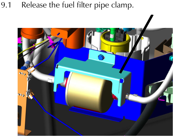 Close-up view of a fuel filter pipe clamp being released with a tool.