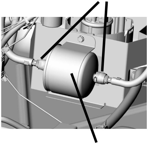 View of the cylindrical fuel filter mounted in its bracket, showing the inlet and outlet quick-release pipe connections.