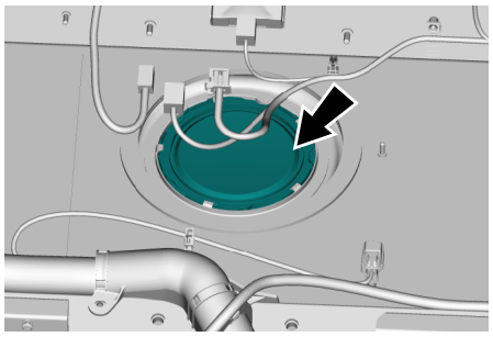Diagram showing the removal of the fuel pump service cover plate from the top of the fuel tank