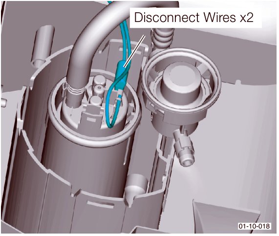 Diagram showing the disconnecting of two wires from the wiring harness plug on the fuel pump