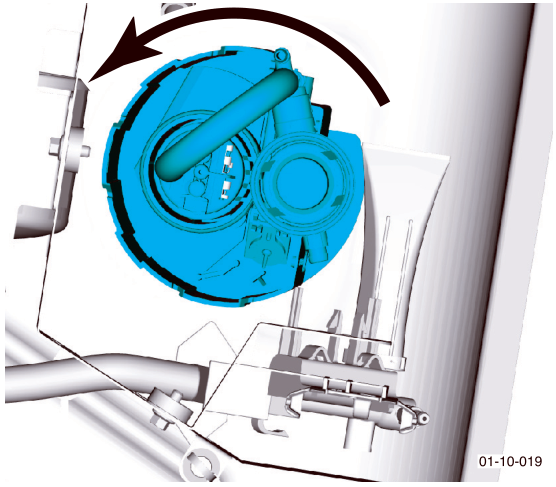 Diagram showing the fuel pump being twisted anti-clockwise with a service tool to release it from the mounting bracket