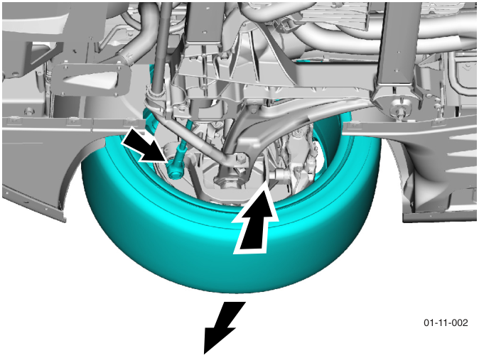 Diagram showing the front suspension lower arm and ball joint area with arrows indicating points of movement check around the road wheel.
