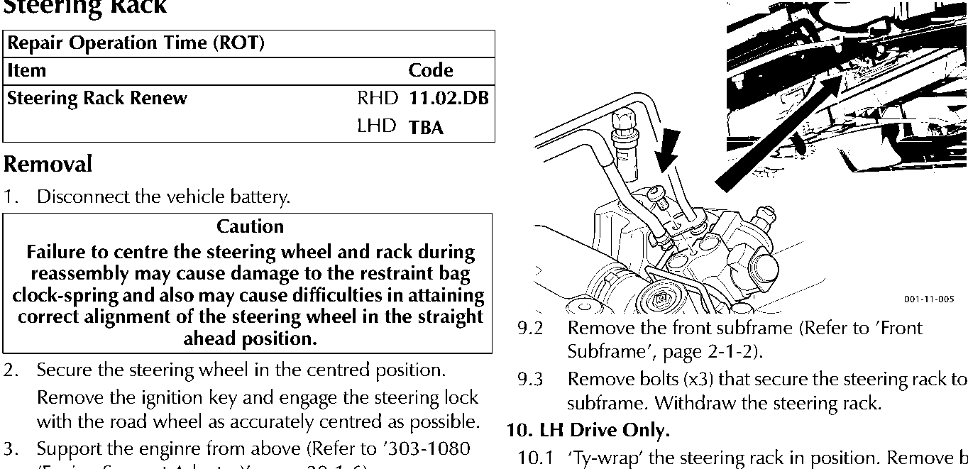 Diagram showing the steering rack location and removal path relative to the subframe