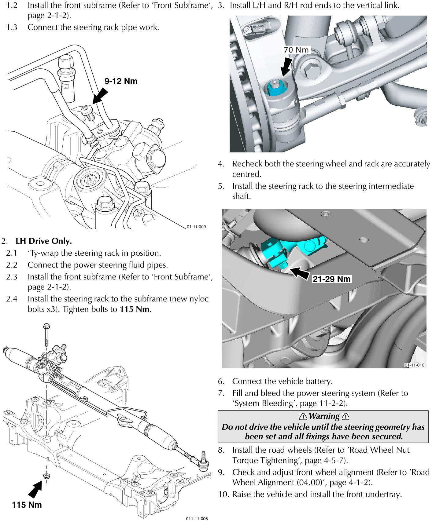 Diagram of steering rack pipe work connection with torque specification