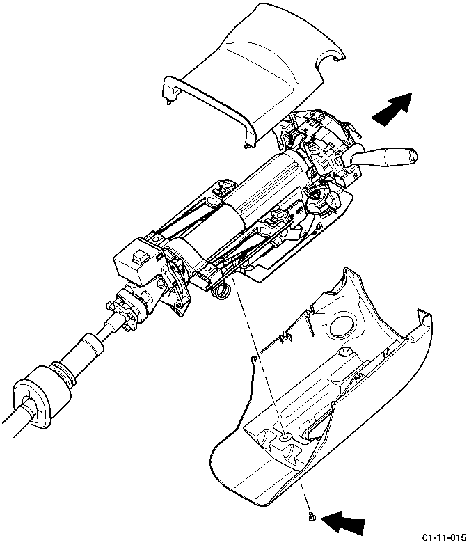 Exploded view of the steering column cowl components being separated from the steering column assembly.