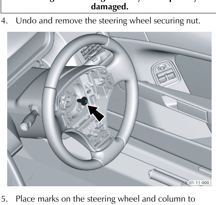 Diagram showing the steering wheel with an arrow pointing to the central securing nut on the steering column splines.
