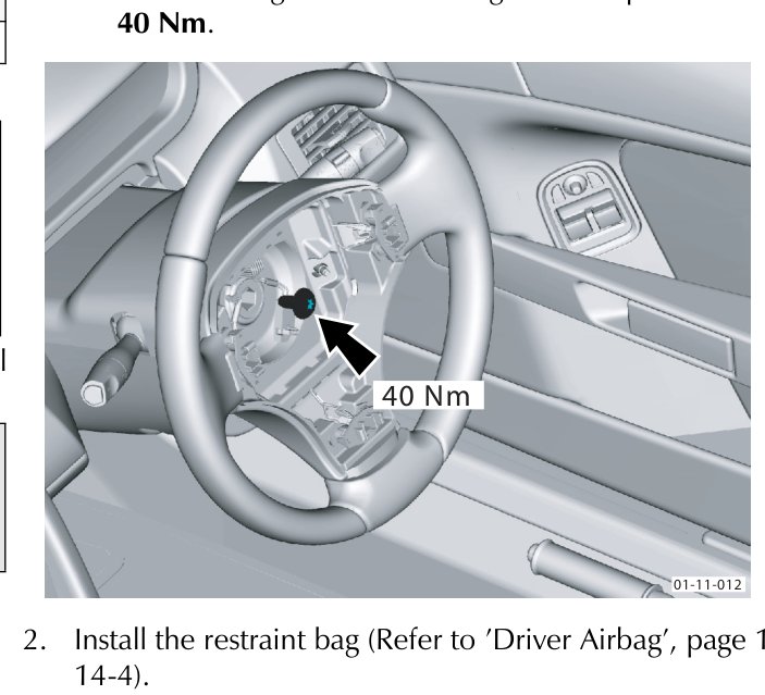 Diagram showing the installed steering wheel with an arrow pointing to the tightening securing bolt, labeled 40 Nm.