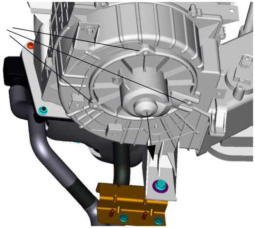 Close-up of blower motor showing three mounting screw locations and wiring connector