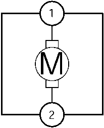 Schematic diagram of blower motor with terminals labeled 1 and 2 and motor symbol M
