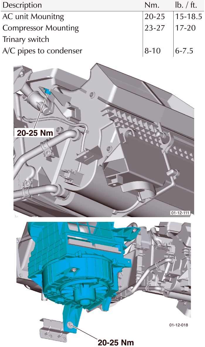 Diagram showing AC unit mounting bolts with callout 20-25 Nm