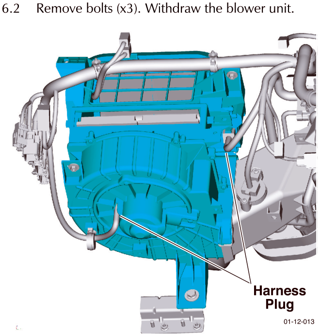 Blower unit with callout lines pointing to bolts and a wiring harness plug
