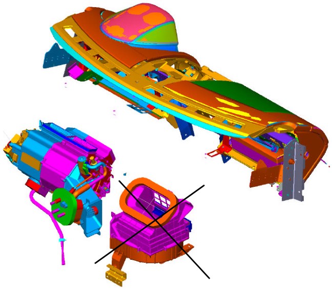Exploded view of the instrument panel and A/C unit assembly