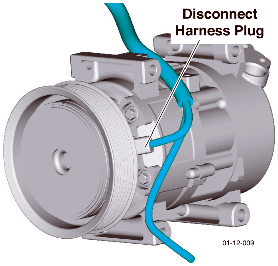 A technical diagram of the engine bay highlighting the location of the A/C compressor bolts with a callout box reading 'Access to A/C Compressor Bolts'.