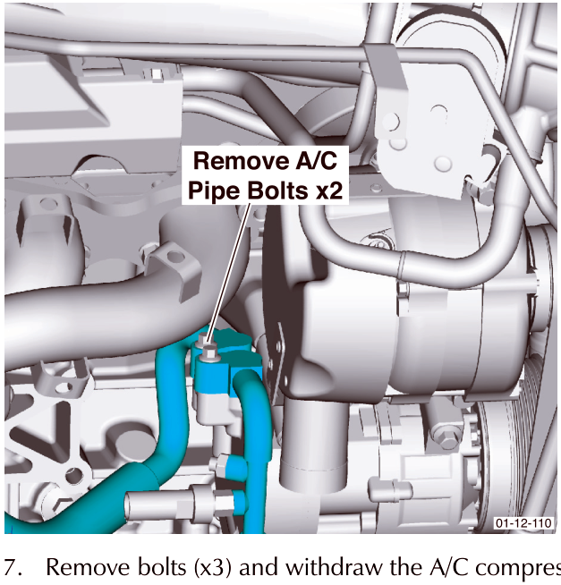 Diagram showing removal of A/C pipe bolts