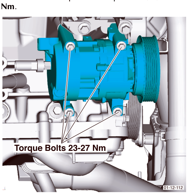 Diagram showing torque specification for compressor mounting bolts