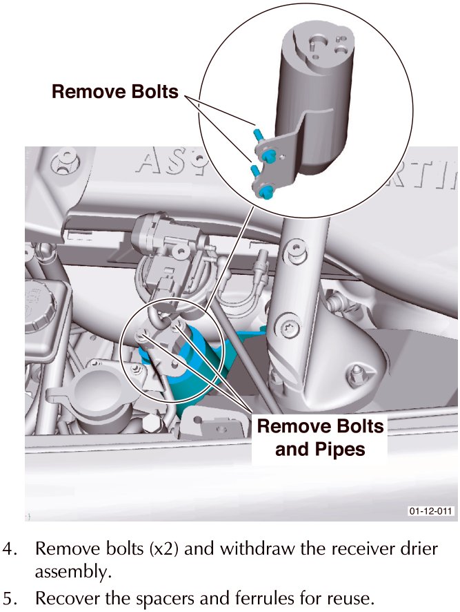 Diagram showing removal of bolts and pipes from the receiver drier assembly