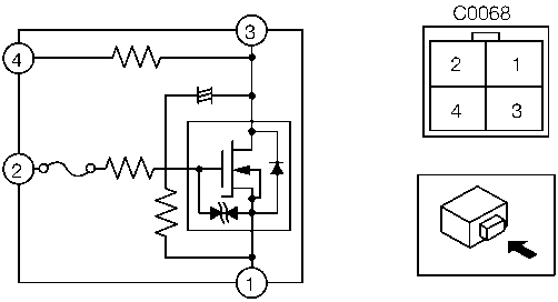 Circuit diagram of power transistor with terminals labeled 1, 2, 3, 4 and connector C0068 pinout
