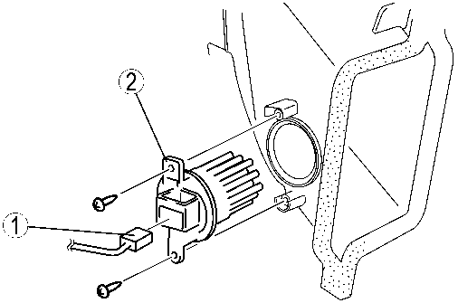 Diagram showing power transistor location with callouts 1 and 2 near glove box area