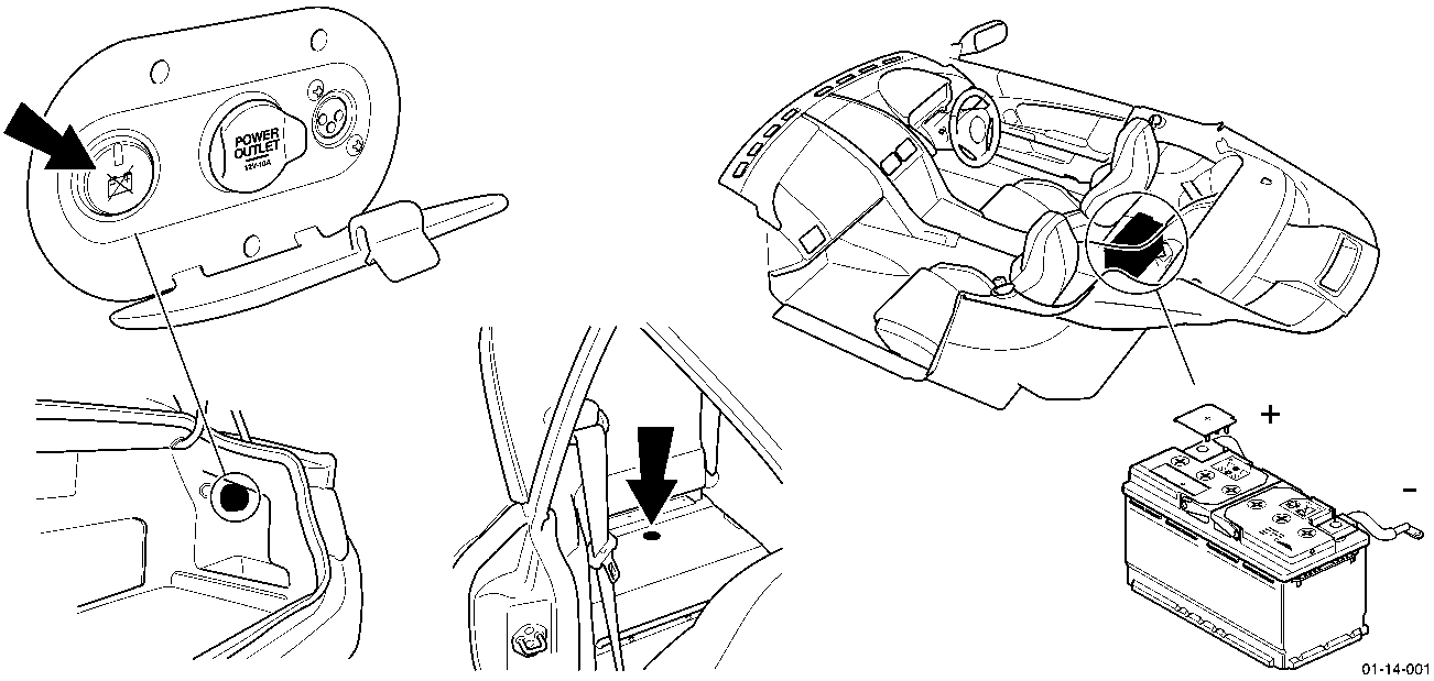 Diagram showing the location of the power outlet and battery under the driver's side rear seat area, with arrows indicating access points and the battery position.