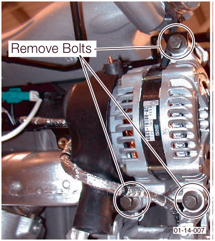 Alternator assembly showing three bolt locations marked for removal, labeled 'Remove Bolts'