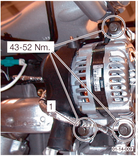Alternator assembly with bolt (1) highlighted and torque value '43-52 Nm' indicated