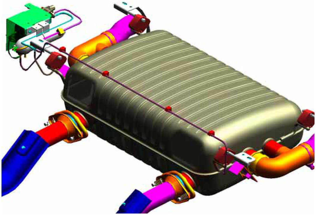 A 3D diagram of the vacuum distribution system showing a large central reservoir with various colored pipes and fittings attached, and a green control unit on the left side.