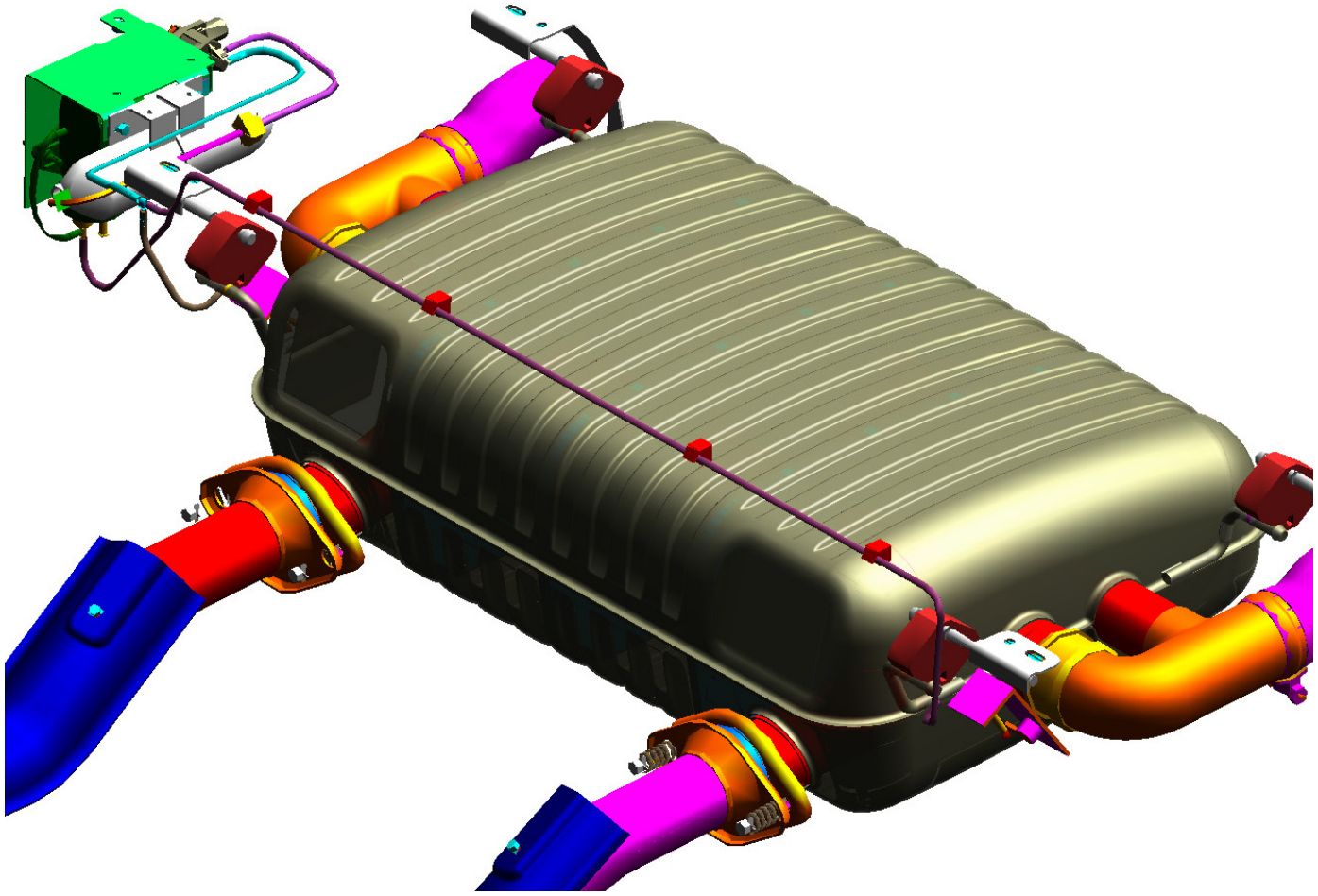 Diagram of the vacuum distribution system showing a central manifold with connected colored pipes and a green control unit on the left side