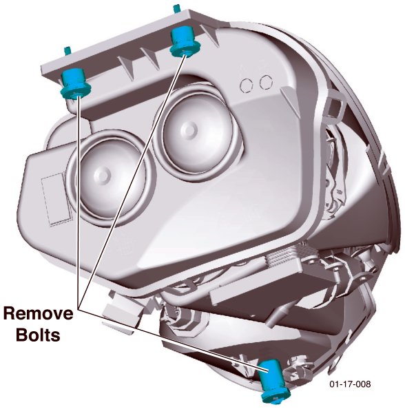 Diagram of headlamp unit showing three blue-highlighted bolts with callout text Remove Bolts