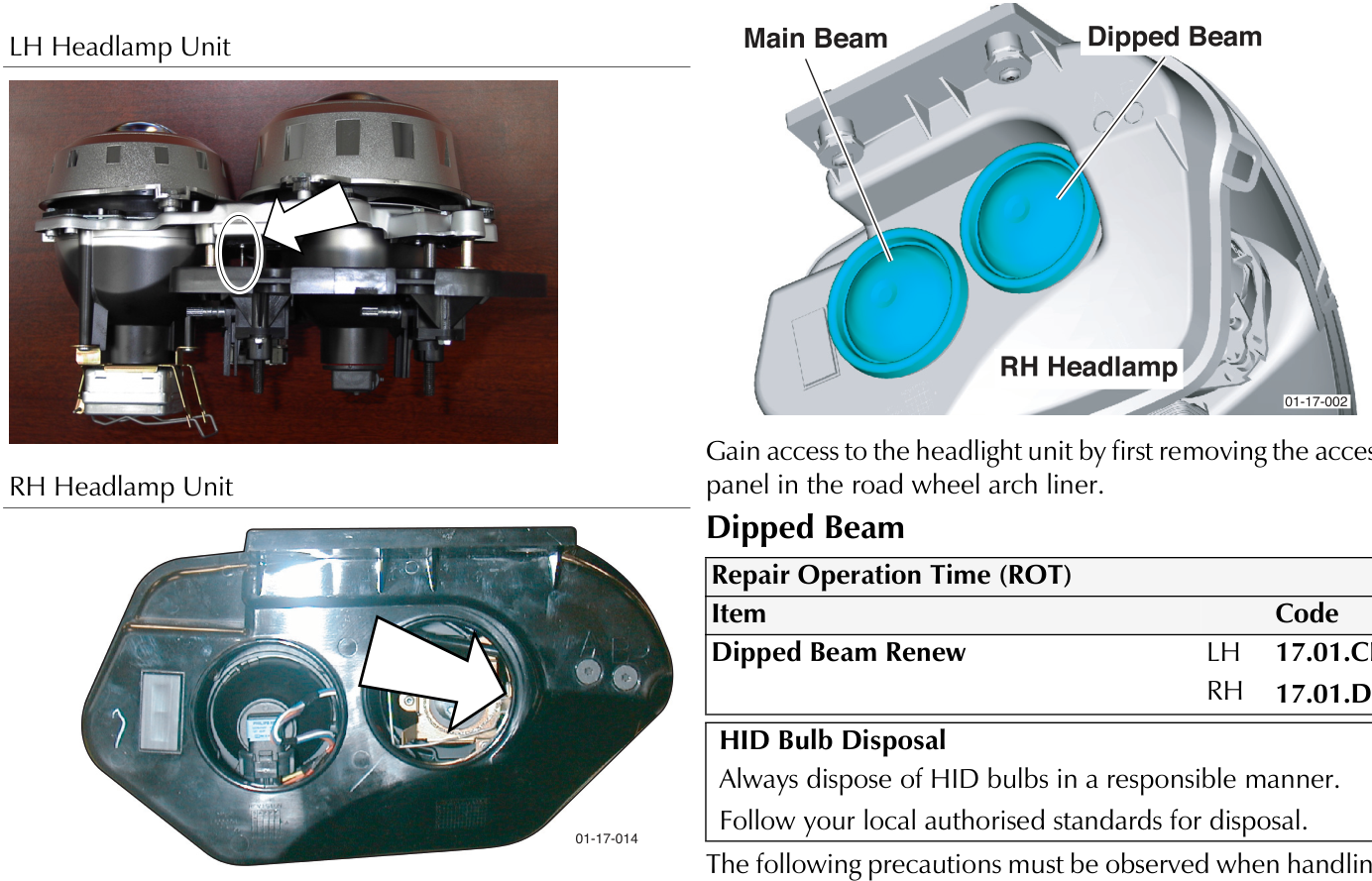 LH Headlamp Unit showing internal bulb assembly with white arrow pointing to connection point