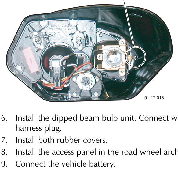 Internal view of headlamp unit showing wiring harness and adjustment motor with circle highlighting the motor