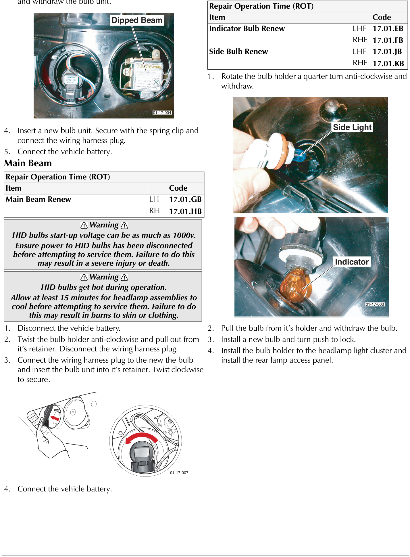 Photograph of headlamp cluster showing Dipped Beam, Side Light, and Indicator bulb locations